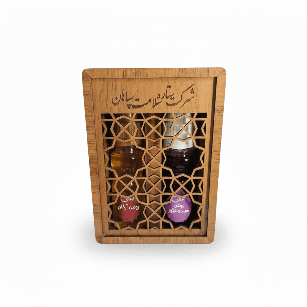 بسته هدیه حالت دهنده مو Silky Style نیکوان شامل روغن آرگان و روغن هسته انگور در باکس چوبی طرح دار.